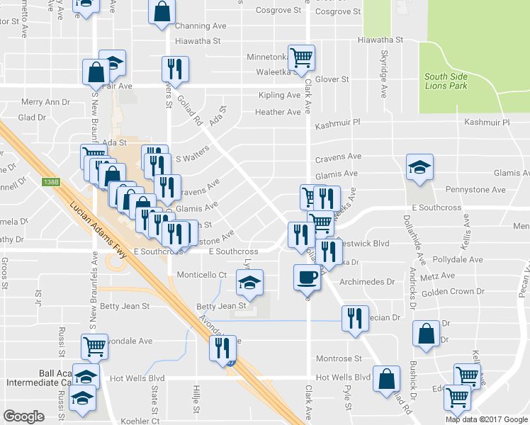 map of restaurants, bars, coffee shops, grocery stores, and more near 246 Pennystone Ave in San Antonio