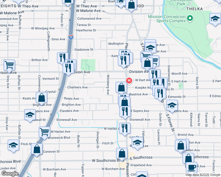 map of restaurants, bars, coffee shops, grocery stores, and more near 702 Weinberg Avenue in San Antonio