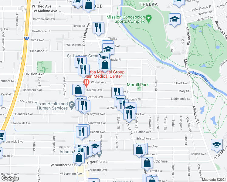 map of restaurants, bars, coffee shops, grocery stores, and more near 4901 South Flores Street in San Antonio