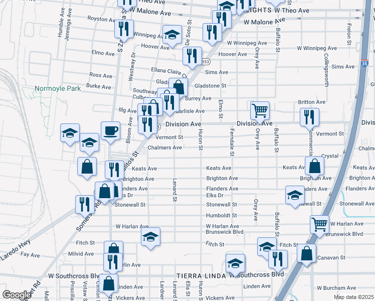 map of restaurants, bars, coffee shops, grocery stores, and more near 1328 Chalmers Avenue in San Antonio