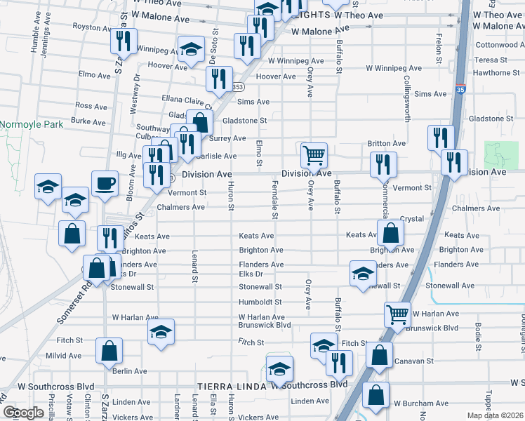 map of restaurants, bars, coffee shops, grocery stores, and more near 1218 Chalmers Avenue in San Antonio