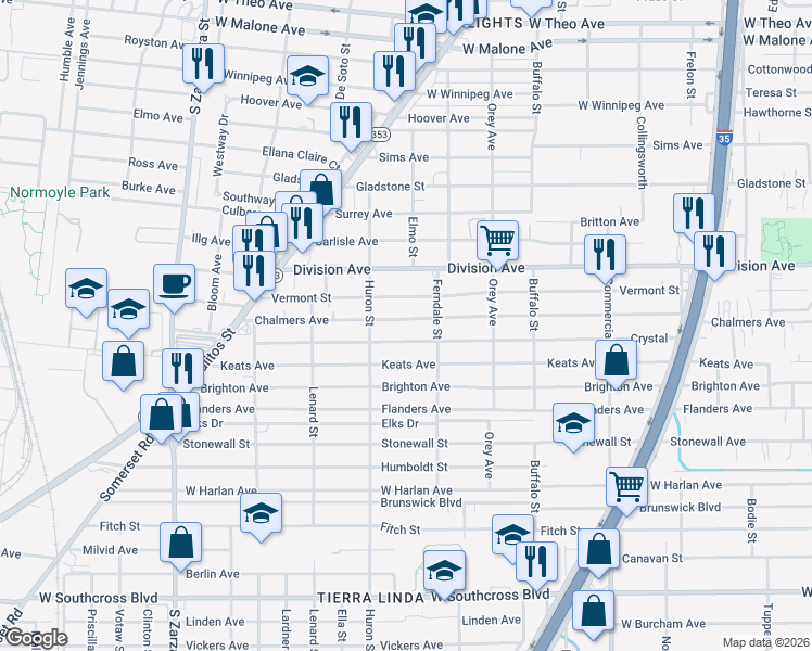 map of restaurants, bars, coffee shops, grocery stores, and more near 1218 Chalmers Avenue in San Antonio