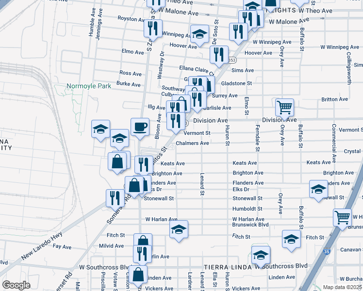 map of restaurants, bars, coffee shops, grocery stores, and more near 1446 Chalmers Avenue in San Antonio