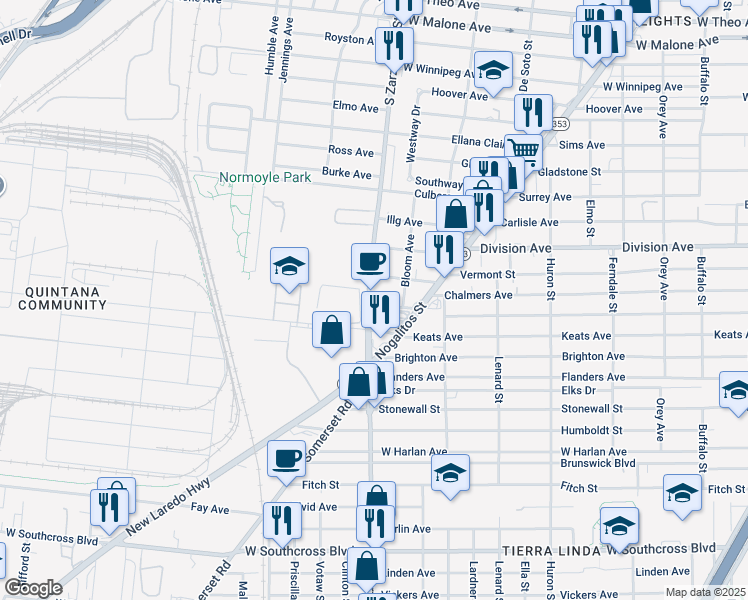 map of restaurants, bars, coffee shops, grocery stores, and more near 4822 South Zarzamora Street in San Antonio