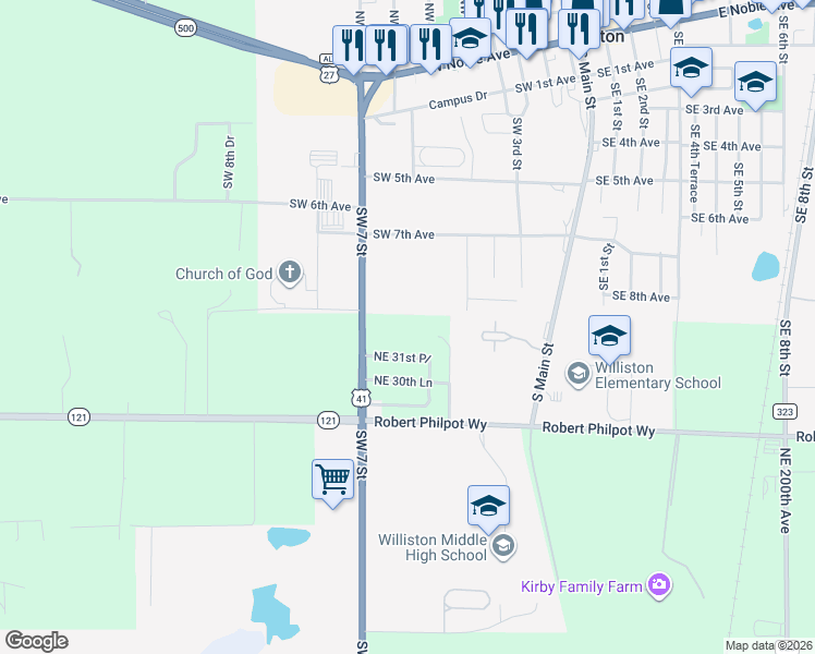 map of restaurants, bars, coffee shops, grocery stores, and more near 3199 Northeast 192 Avenue in Williston
