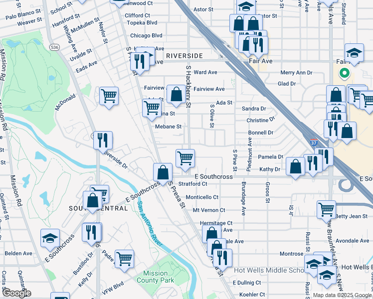 map of restaurants, bars, coffee shops, grocery stores, and more near 4611 South Hackberry in San Antonio