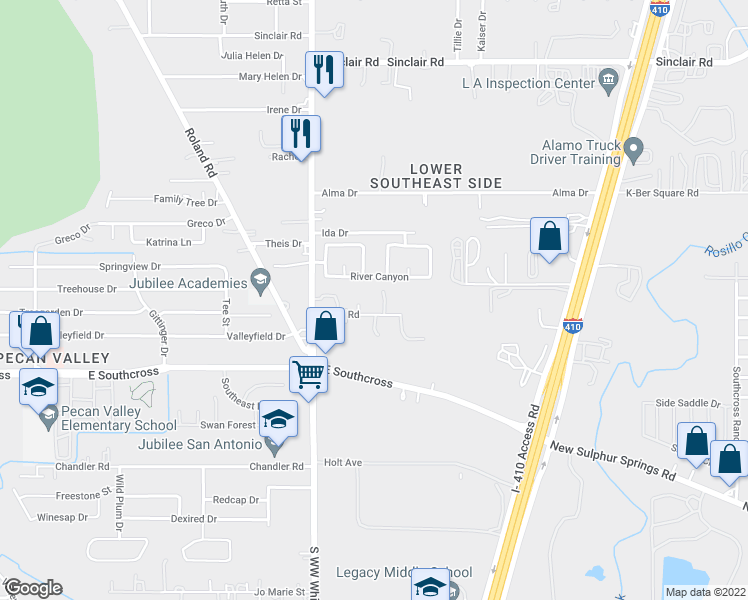 map of restaurants, bars, coffee shops, grocery stores, and more near 4615 Boldt Road in San Antonio