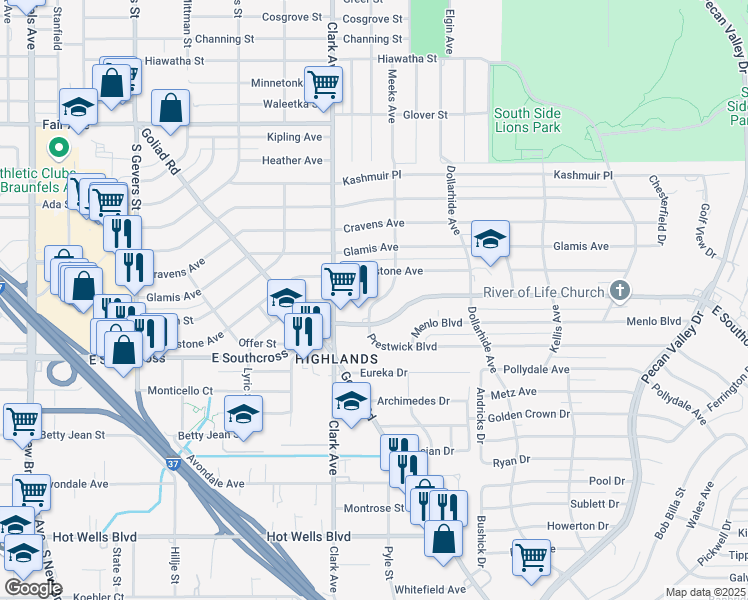 map of restaurants, bars, coffee shops, grocery stores, and more near 4411 Meeks Avenue in San Antonio