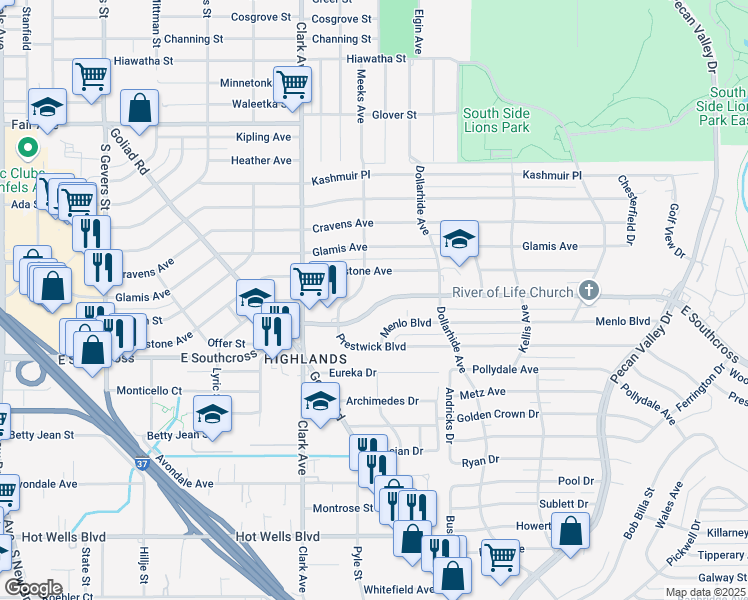 map of restaurants, bars, coffee shops, grocery stores, and more near 3025 East Southcross in San Antonio