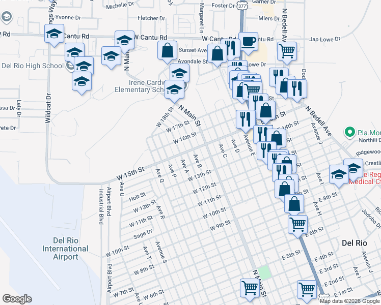 map of restaurants, bars, coffee shops, grocery stores, and more near 1606 Avenue B in Del Rio