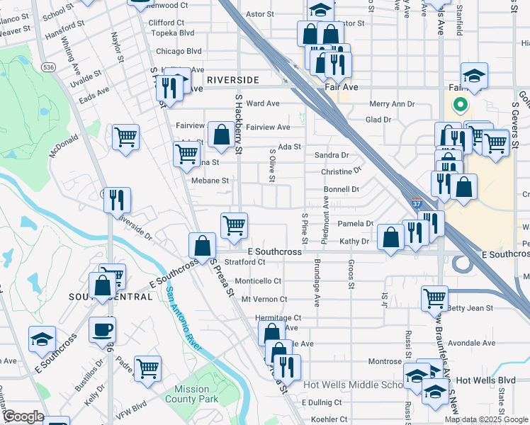 map of restaurants, bars, coffee shops, grocery stores, and more near 314 Linda Lou Drive in San Antonio