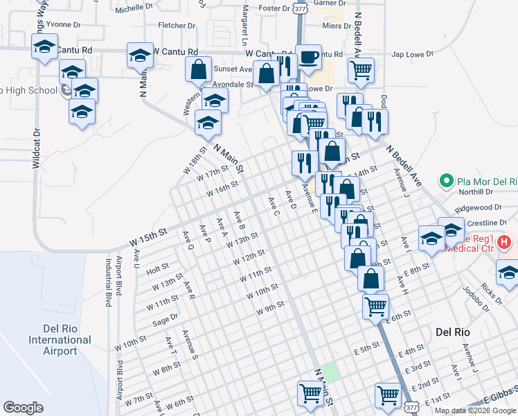 map of restaurants, bars, coffee shops, grocery stores, and more near 1603 North Main Street in Del Rio