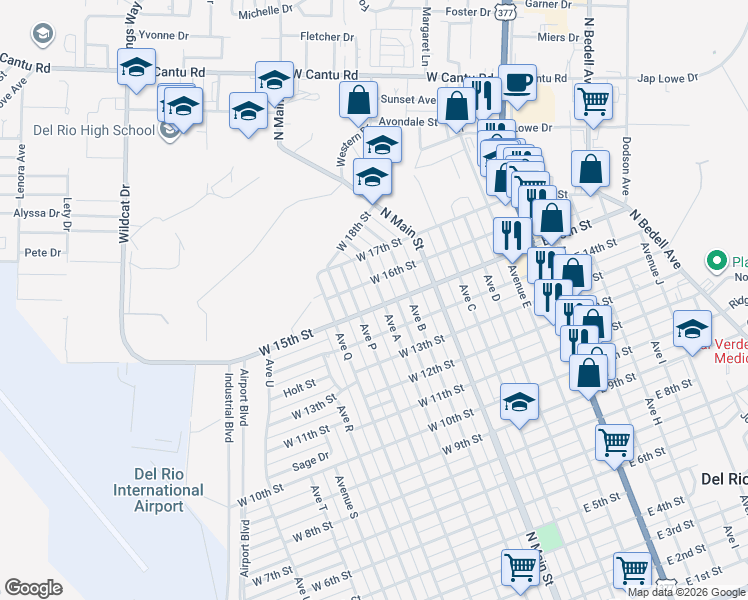 map of restaurants, bars, coffee shops, grocery stores, and more near 1702 Ave A in Del Rio