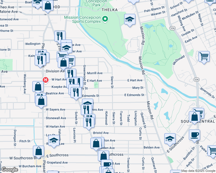 map of restaurants, bars, coffee shops, grocery stores, and more near 319 Mary Street in San Antonio