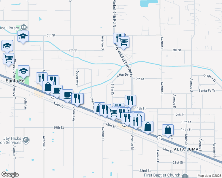 map of restaurants, bars, coffee shops, grocery stores, and more near 4314 B Bar Drive in Santa Fe
