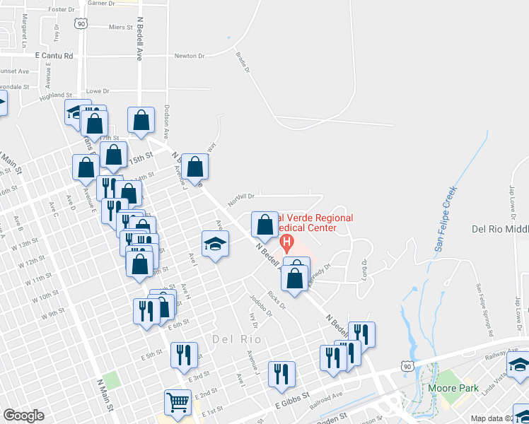 map of restaurants, bars, coffee shops, grocery stores, and more near 117 Ridgewood Drive in Del Rio