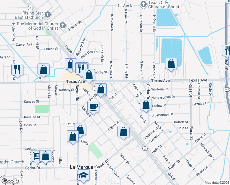 map of restaurants, bars, coffee shops, grocery stores, and more near 900 1st Street in La Marque