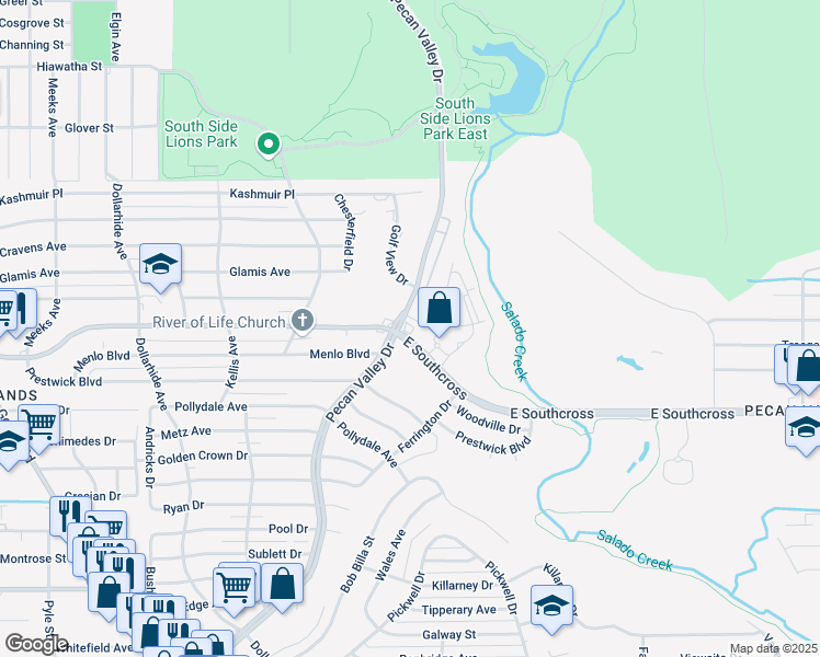map of restaurants, bars, coffee shops, grocery stores, and more near 4720 Pecan Valley Drive in San Antonio