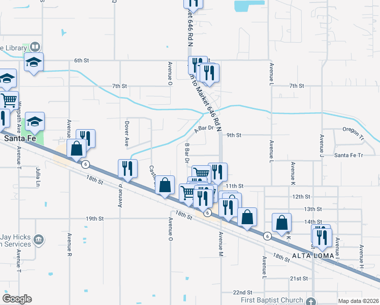 map of restaurants, bars, coffee shops, grocery stores, and more near 4314 B Bar Drive in Santa Fe