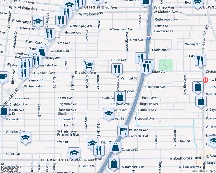 map of restaurants, bars, coffee shops, grocery stores, and more near 938 Chalmers Avenue in San Antonio