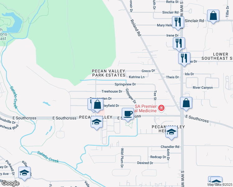 map of restaurants, bars, coffee shops, grocery stores, and more near 4242 Treehouse Drive in San Antonio
