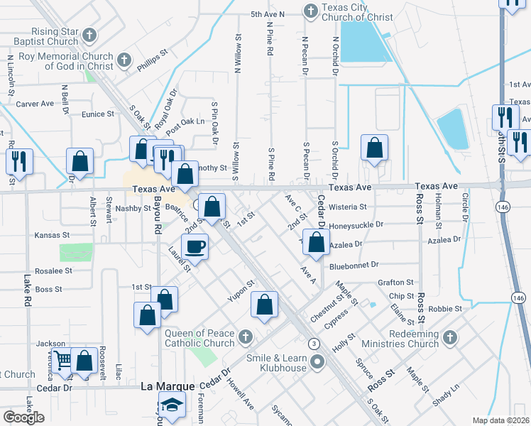 map of restaurants, bars, coffee shops, grocery stores, and more near 413 Avenue A in La Marque