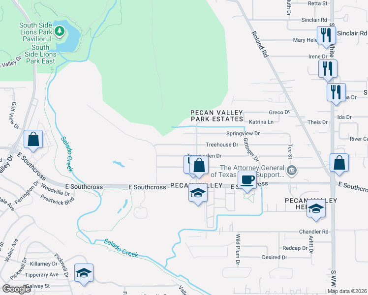 map of restaurants, bars, coffee shops, grocery stores, and more near 4127 Treegarden Drive in San Antonio