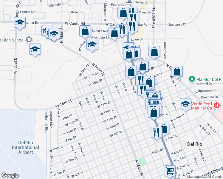 map of restaurants, bars, coffee shops, grocery stores, and more near 1603 North Main Street in Del Rio