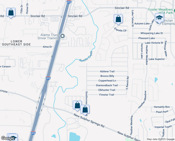 map of restaurants, bars, coffee shops, grocery stores, and more near 5405 Abilene Trail in San Antonio