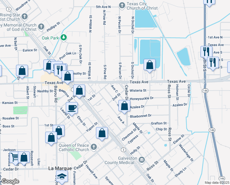 map of restaurants, bars, coffee shops, grocery stores, and more near 415 Ave C in La Marque