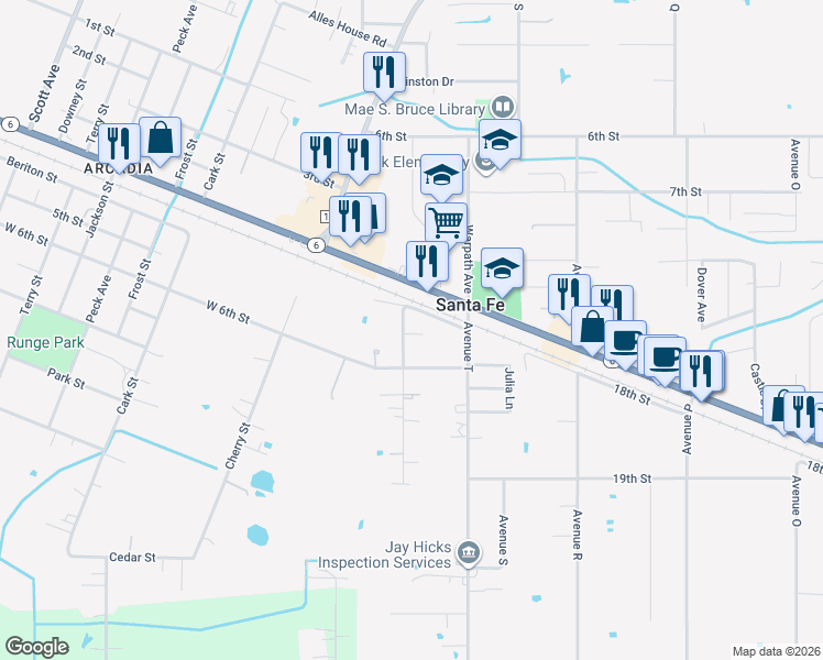 map of restaurants, bars, coffee shops, grocery stores, and more near 4333 Davis Hall Road in Santa Fe