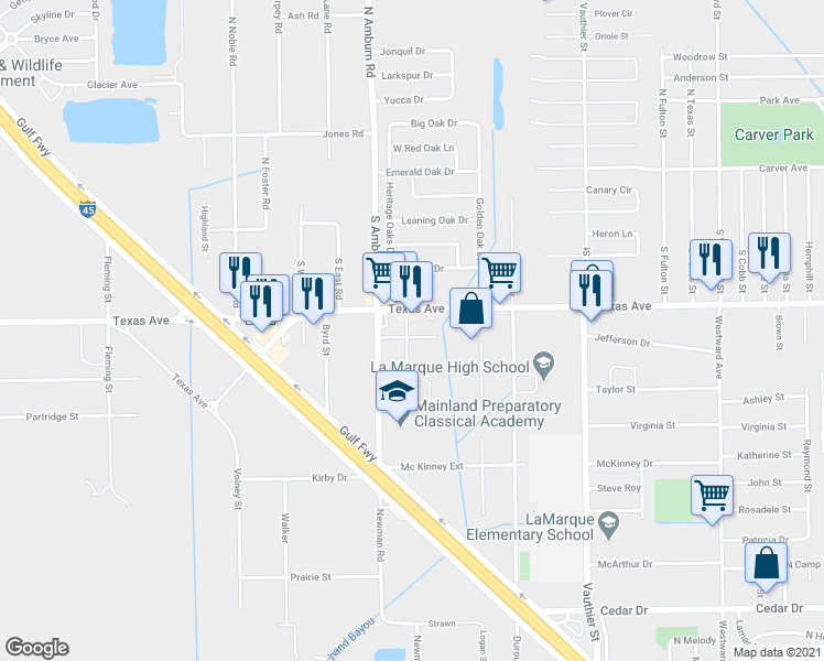 map of restaurants, bars, coffee shops, grocery stores, and more near 111 Bernice Street in La Marque