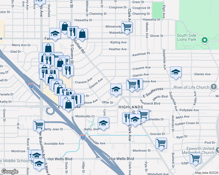 map of restaurants, bars, coffee shops, grocery stores, and more near 246 Pennystone Avenue in San Antonio