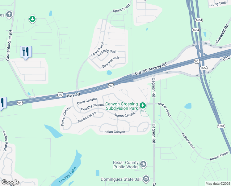 map of restaurants, bars, coffee shops, grocery stores, and more near 5530 Butch Canyon in San Antonio