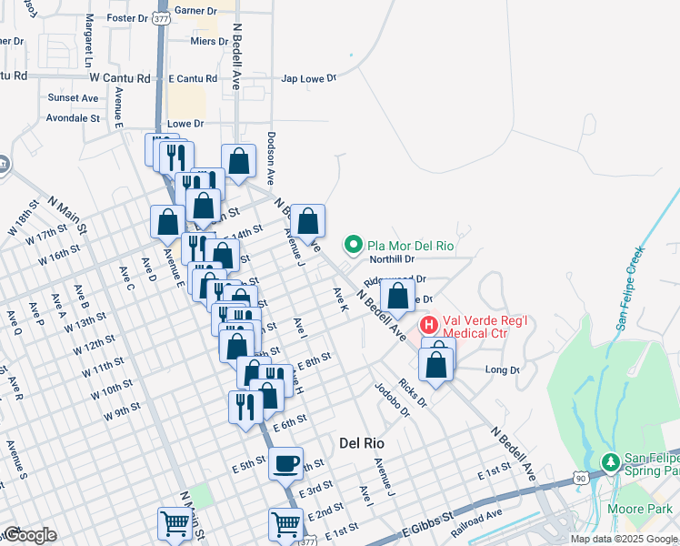 map of restaurants, bars, coffee shops, grocery stores, and more near 999 East 11th Street in Del Rio