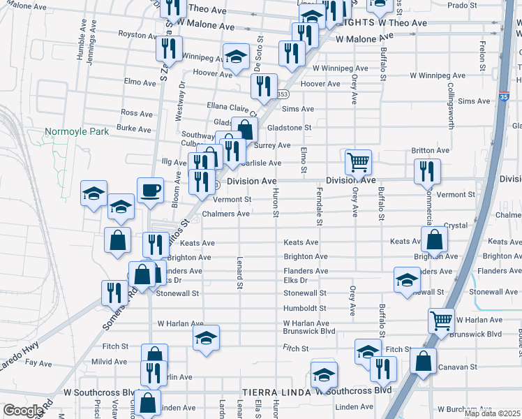 map of restaurants, bars, coffee shops, grocery stores, and more near 1328 Chalmers Avenue in San Antonio