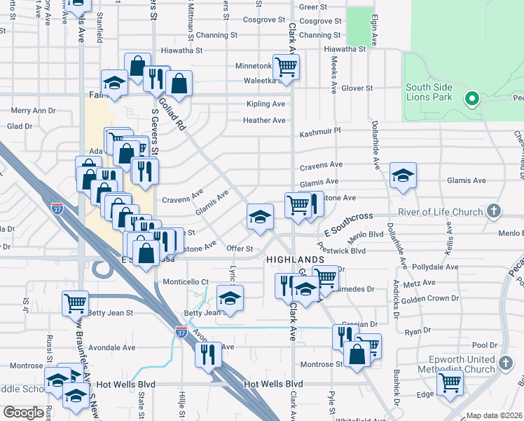 map of restaurants, bars, coffee shops, grocery stores, and more near 310 Lyric Street in San Antonio