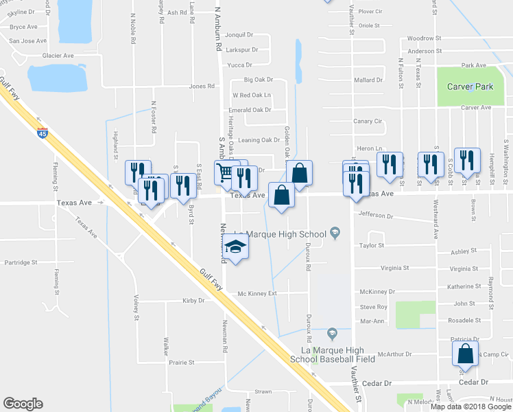 map of restaurants, bars, coffee shops, grocery stores, and more near 3204 Hoover Street in La Marque