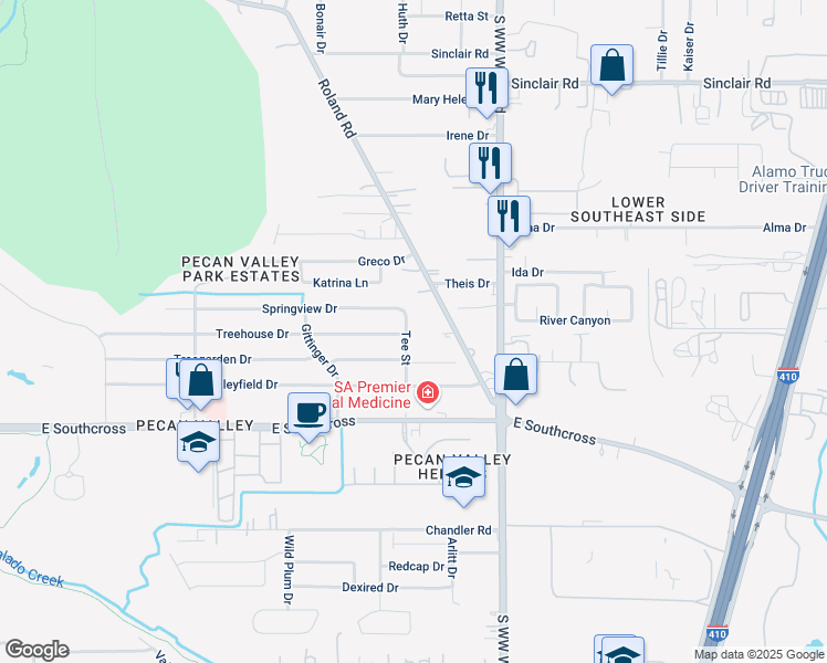 map of restaurants, bars, coffee shops, grocery stores, and more near 4916 Tee Street in San Antonio