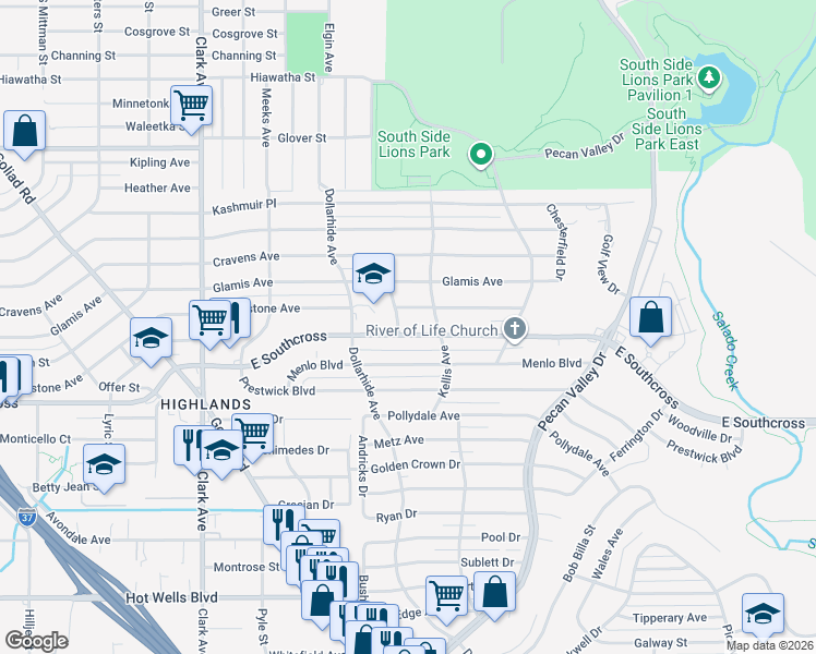 map of restaurants, bars, coffee shops, grocery stores, and more near 3138 East Southcross in San Antonio