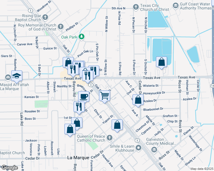map of restaurants, bars, coffee shops, grocery stores, and more near 110 Carolyn Street in La Marque