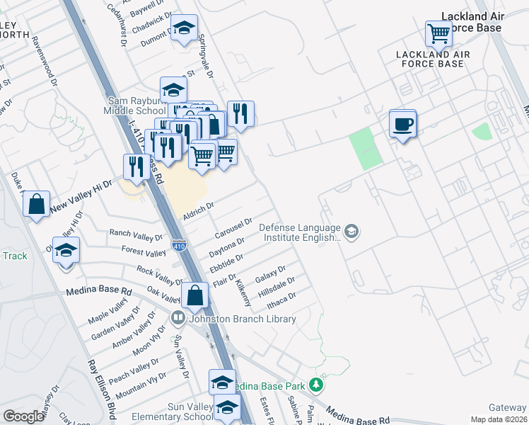 map of restaurants, bars, coffee shops, grocery stores, and more near 111 Daytona Drive in San Antonio