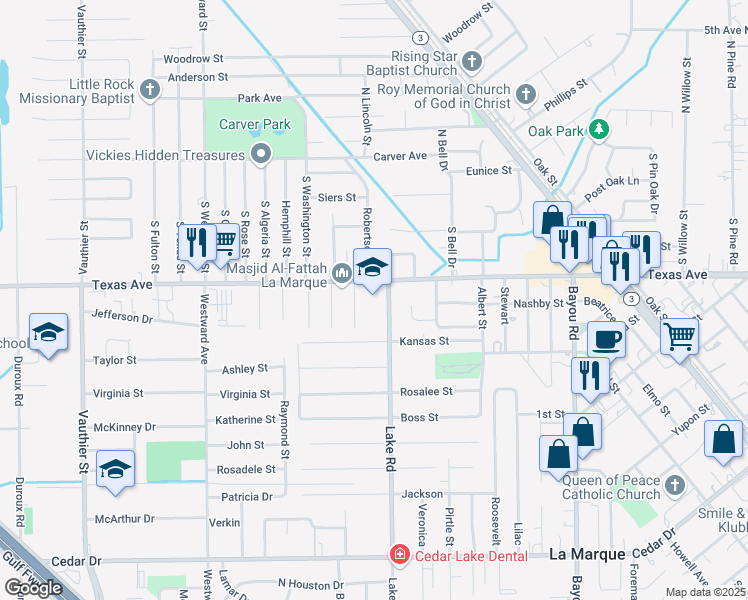 map of restaurants, bars, coffee shops, grocery stores, and more near 100 Lake Road in La Marque