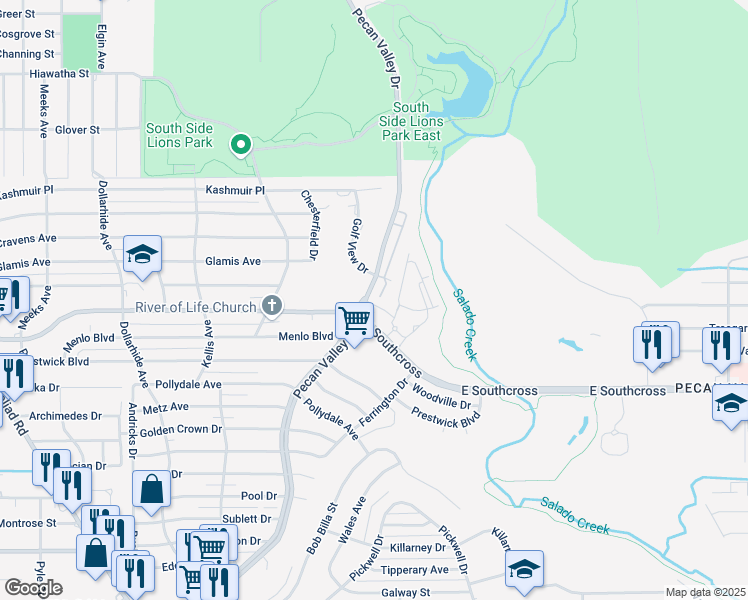 map of restaurants, bars, coffee shops, grocery stores, and more near 4720 Pecan Valley Drive in San Antonio