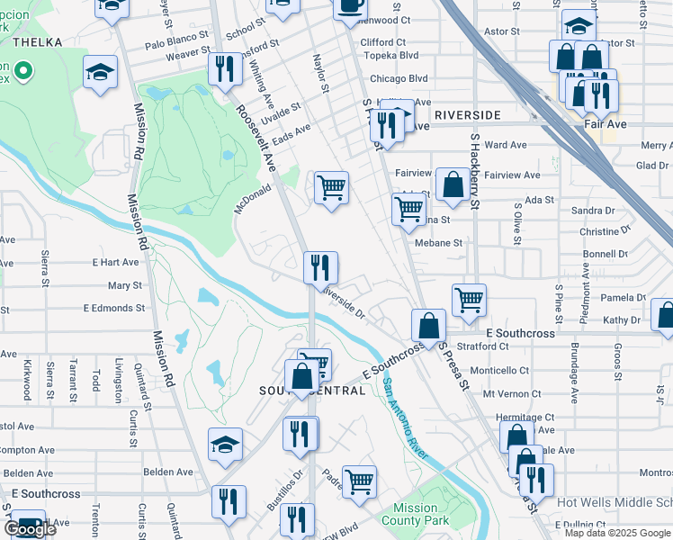 map of restaurants, bars, coffee shops, grocery stores, and more near 327 Riverside Drive in San Antonio