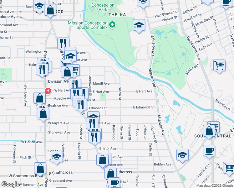 map of restaurants, bars, coffee shops, grocery stores, and more near 319 Mary Street in San Antonio