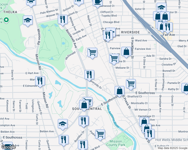 map of restaurants, bars, coffee shops, grocery stores, and more near 327 Riverside Drive in San Antonio