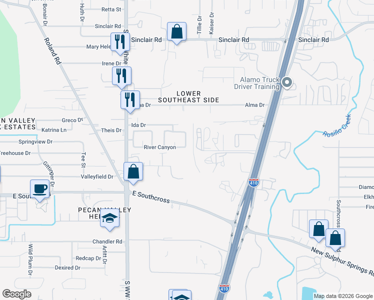 map of restaurants, bars, coffee shops, grocery stores, and more near 4750 River Canyon in San Antonio