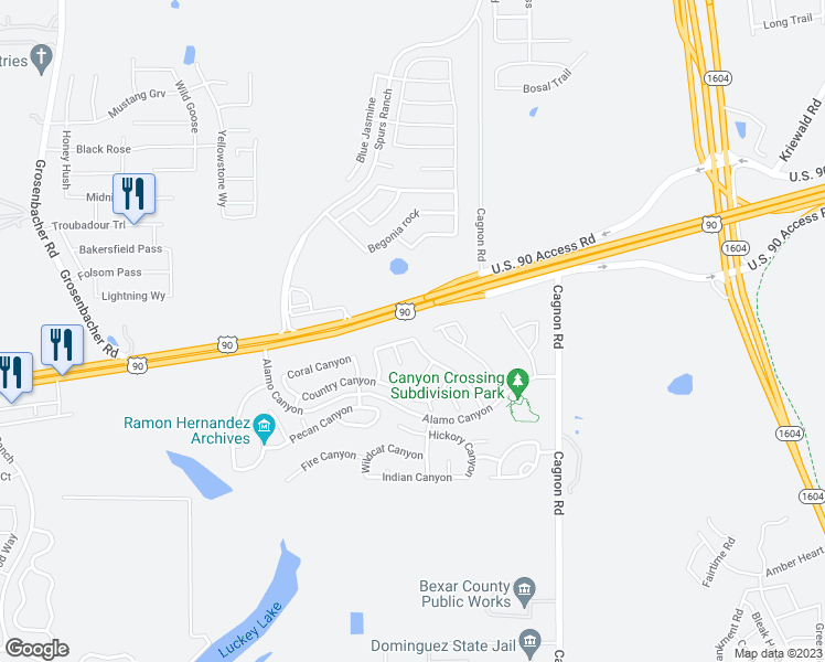 map of restaurants, bars, coffee shops, grocery stores, and more near 11107 Snake Canyon in San Antonio