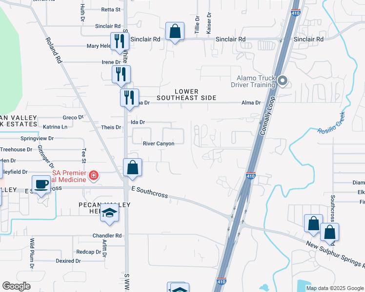 map of restaurants, bars, coffee shops, grocery stores, and more near 4746 River Canyon in San Antonio